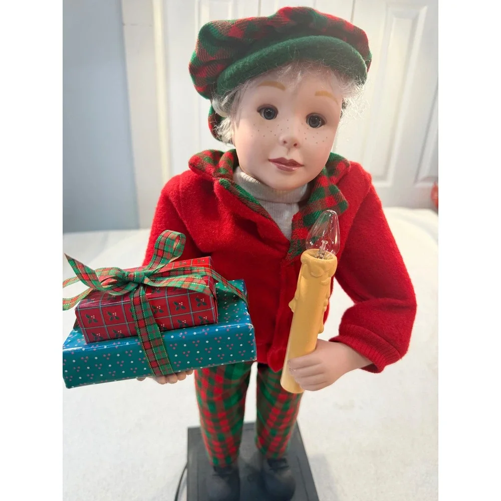 Vintage Noel Animated Christmas Boy Figure Lighted Candle Presents Plaid Outfit
